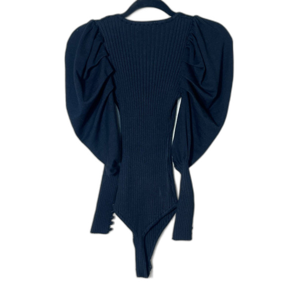Thinkable Black Sweater Puff Sleeve Bodysuit Large Rusched Whimsigoth Cozy - Picture 3 of 7